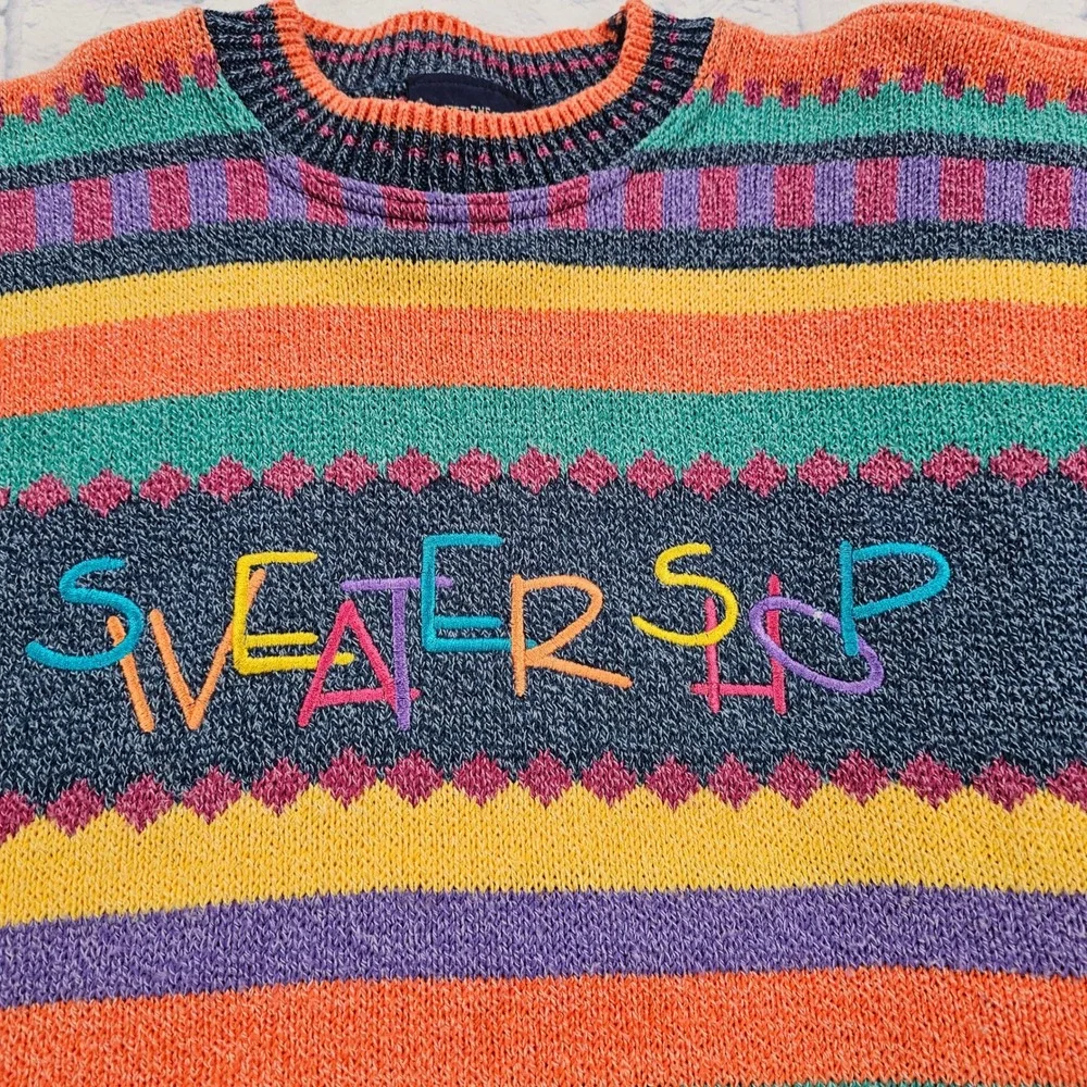 The Sweater Shop Knit Sweater Mens S/M Multicolor 90s Striped VINTAGE UK - Picture 2 of 16
